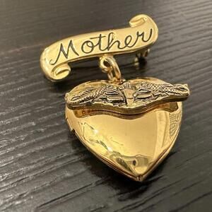 Vintage “MOTHER” Brooch Sweetheart Dangling Heart Locket Pin VGC